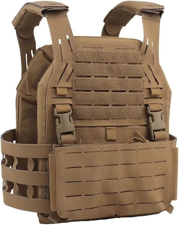 KDTAC Tactical Vest - Coyote Brown Side Profile Close-Up with Laser-Cut MOLLE & Hydration Routing